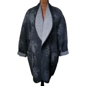GUDRUN SJODEN Wool Coat Relaxed Size S Open Gray Jacquard Pattern Pockets Women